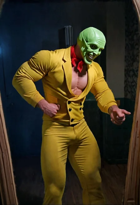 Extremely muscular strong handsome young grinning lustful man with a green head wearing yellow suit looking at himself in through a mirror in his flat at night, big bulge, large biceps, wide shoulders, muscular legs, the_mask