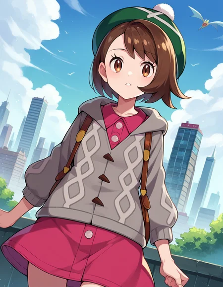 score_9, score_8_up, score_7_up, source_anime,
pokemongloria, <lora:pokemon-gloria-ponyxl-lora-nochekaiser:1>
pokemongloria, brown eyes, brown hair, medium hair,
cardigan, dress, green headwear, grey cardigan, hood, hood down, hooded cardigan, long sleeves, pink dress, short dress,
outdoors, cityscape,
looking at viewer, cowboy shot, dutch angle,
