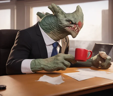 zPDXL2, quarter side view , rating_safe, score_9 , score_8_up, score_7_up, 4k, 2d , source_cartoon , ,highres, absurdres, portait, BREAK
paraggrux, grux sitting in an office chair holding a bunch of papers at a desk with a coffee mug , wearing glasses on face and a ripped black suit , office background, bored expression , torn_clothes ,one horn on head, grey skin, teeth, spikey spine, alien, monster , bandage wrapped arms, bandage wrap legs, <lora:Grux_-_Paragon:1> <lora:Pony_DetailV1.0:0.6>