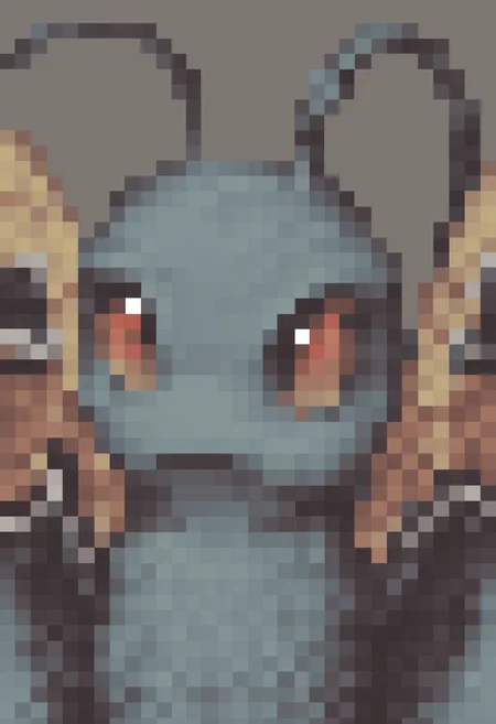 masterpiece, best quality, solo, , looking at viewer, <lora:FFT-Portraits-illus_Fp:1>, pixel art, portrait, simple background, pixelated, <lora:Mothman-illus_Fp:1>, mothman, pokemon \(creature\), no humans, wings, antennae,