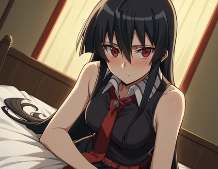 score_9, score_8_up, score_7_up, source_anime,
agkakame, <lora:agk-akame-s1-ponyxl-lora-nochekaiser:1>,
akame, long hair, black hair, red eyes, hair between eyes,
skirt, dress, necktie, sleeveless, belt, shirt, black shirt, collared shirt, red necktie, black skirt,
indoors, bed, bed room, on side, blush, drunk,
cowboy shot, solo, dutch angle, looking at viewer,