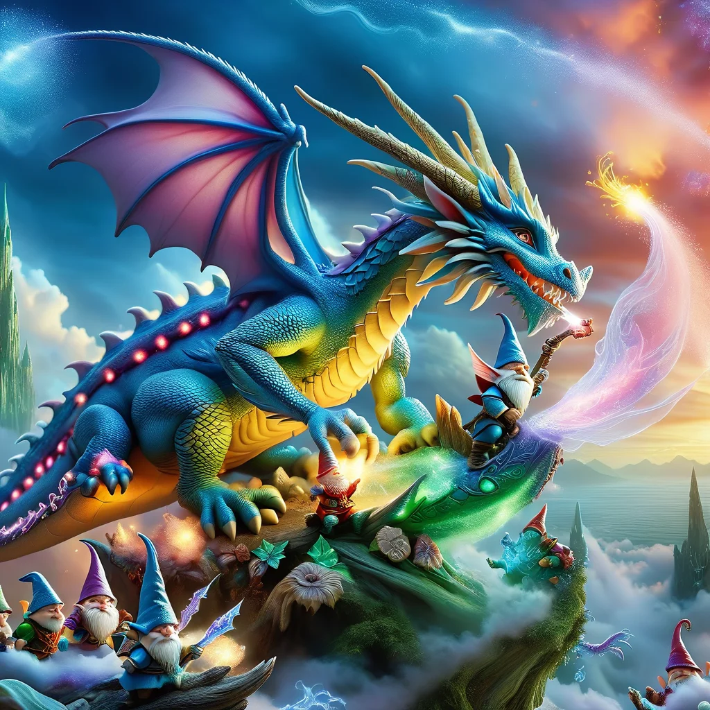 Fujifilm quality photograph (best quality)++, (masterpiece)++, (detailed)+, elf on the shelf fighting a Dragon, (fantasy illustration)1.3, enchanting Dragon battle elf on the shelf, mystical battle, (many gnomes battling)1.4 (whimsical charm).4 Otherworldly charm, mystical sky, (Luis Royo)1.2, (Yoshitaka Amano)1.1, moonlit night, soft colors, (detailed cloudscape)1.3, (high-resolution)1.2 (gnomes battling everywhere)1.2 , <lora:DonM3t3rn1tyXL-v1.1:0.8> DonM3t3rn1tyXL <lora:DonMD1g174l4sc3nc10nXL:0.8> DonMD1g174l4sc3nc10nXL <lora:Dragons:0.8> dragon <lora:EnvyMagicalXL01:0.8> magical <lora:FantasyLandscape:0.8> FanLan