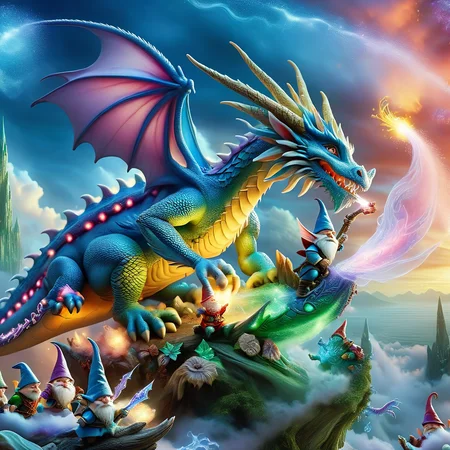 Fujifilm quality photograph (best quality)++, (masterpiece)++, (detailed)+, elf on the shelf fighting a Dragon, (fantasy illustration)1.3, enchanting Dragon battle elf on the shelf, mystical battle, (many gnomes battling)1.4 (whimsical charm).4 Otherworldly charm, mystical sky, (Luis Royo)1.2, (Yoshitaka Amano)1.1, moonlit night, soft colors, (detailed cloudscape)1.3, (high-resolution)1.2 (gnomes battling everywhere)1.2 , <lora:DonM3t3rn1tyXL-v1.1:0.8> DonM3t3rn1tyXL <lora:DonMD1g174l4sc3nc10nXL:0.8> DonMD1g174l4sc3nc10nXL <lora:Dragons:0.8> dragon <lora:EnvyMagicalXL01:0.8> magical <lora:FantasyLandscape:0.8> FanLan