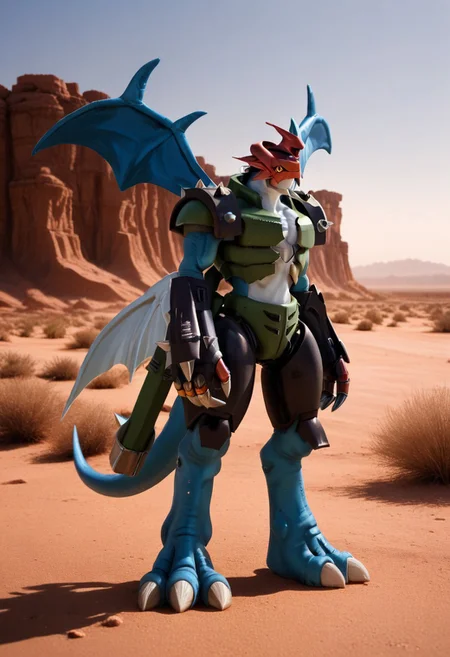 score_9, score_8_up, score_7_up, Digimon (creature), source_furry:1.3, source_mecha:0.5, realistic, high detail, Paildramon, jewel beetle shell armor, rhino beetle shell gloves, dragon scale texture feet, lizard scale arms, dragon scale tail, dragon wings, tusk spikes, mecha helmet, desert, gold eyes,  side view