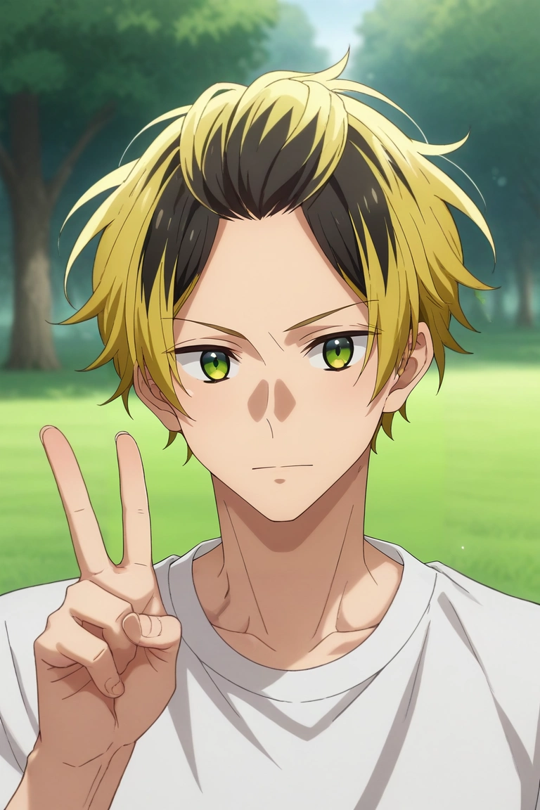 score_9, score_8_up, score_7_up, source_anime, rating_safe, intricate details, semi-realistic, , depth of field, 1boy, solo, male focus, <lora:gonzaburou_tashiro_pony:0.8>, gonzaburou_tashiro, blonde hair, green eyes, short hair, multicolored hair, two-tone hair, streaked hair, black hair, bangs, bangs pinned back, upper body, grass, tree, dark, v, peace sign, :D, , <lora:sdxl_lightning_8step_lora:1>