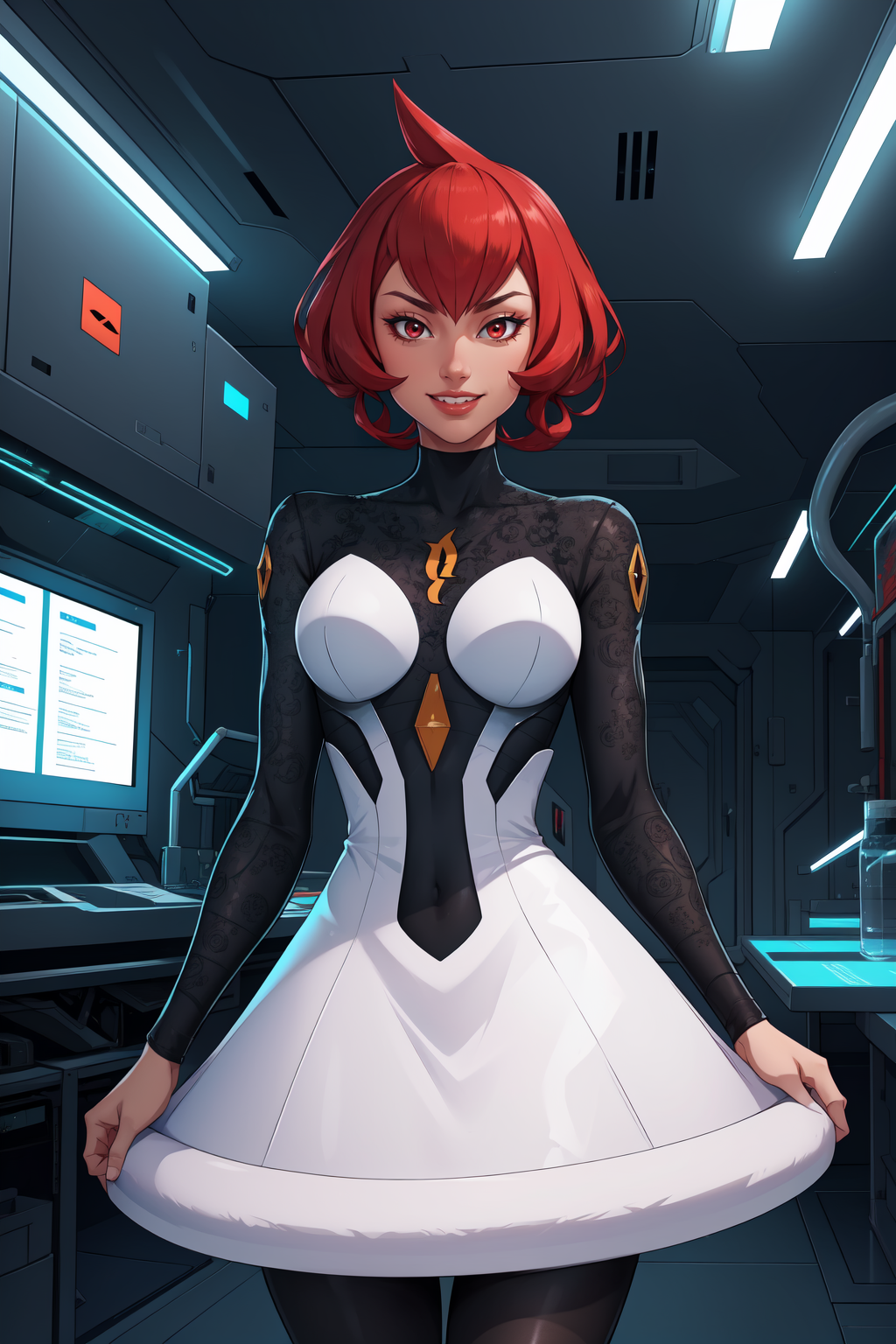 (masterpiece, best quality, absurdres, 4k, aesthetic, detailed, intricate, perfect lighting),inside futuristic lab,technology,science fiction,evil smile,teeth,1girl, pkmnmars,black and white dress, long sleeves, black pantyhose,  <lora:pkmnmars-nvwls-v1:0.8>