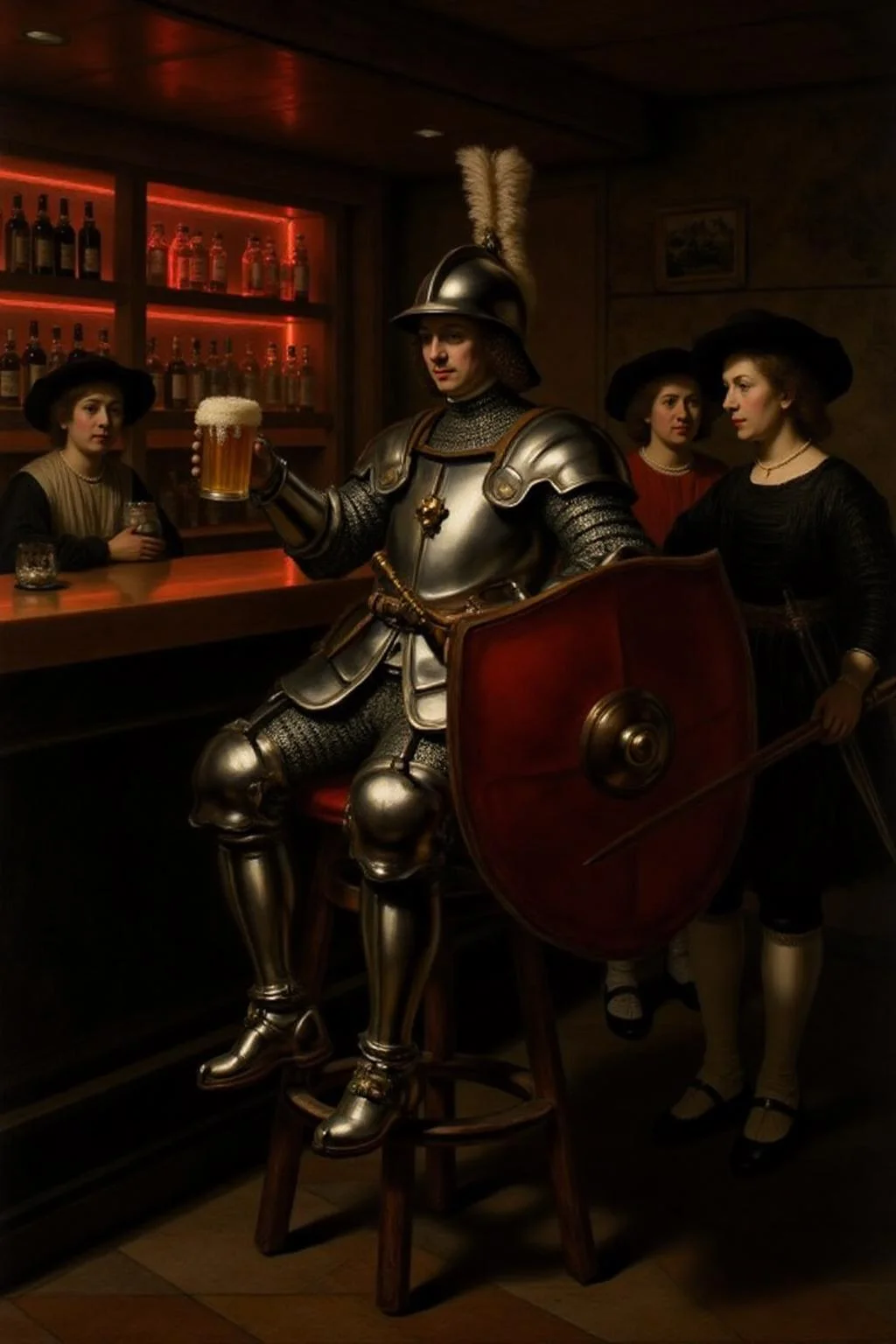 rembr2 painting
of Don Quixote sitting at a modern bar, enjoying a beer. He wears his classic, medieval armor, slightly tarnished and mismatched, and his signature helmet with a plume. He sits on a high bar stool, holding a frothy pint of beer in one hand, his lance and shield propped up against the bar counter. The bar around him is sleek and contemporary, with neon lights, polished wood, and various bottles lined up on shelves behind him. Other patrons, dressed in modern casual attire, glance curiously at the armored knight. Soft, warm lighting casts a relaxed atmosphere, highlighting the whimsical contrast between Don Quixote and the modern setting. Surreal and humorous, anachronistic, vibrant colors, character-driven scene.
<lora:rembr_paint1_semicap_d6a3:1.0><lora:812151588375425914:0>