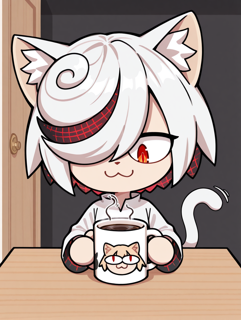 <lora:Sage_Sonic:1> sage, BREAK  <lora:Neco_Arc_NS:0.9> neco arc, tail, cat ears, cat tail, cat girl,BREAK one eye covered, white hair, furry female, indoors, chibi, coffee mug, steam, :3, solo,, masterpiece, best quality, amazing quality, very aesthetic, absurdres, new, newest,