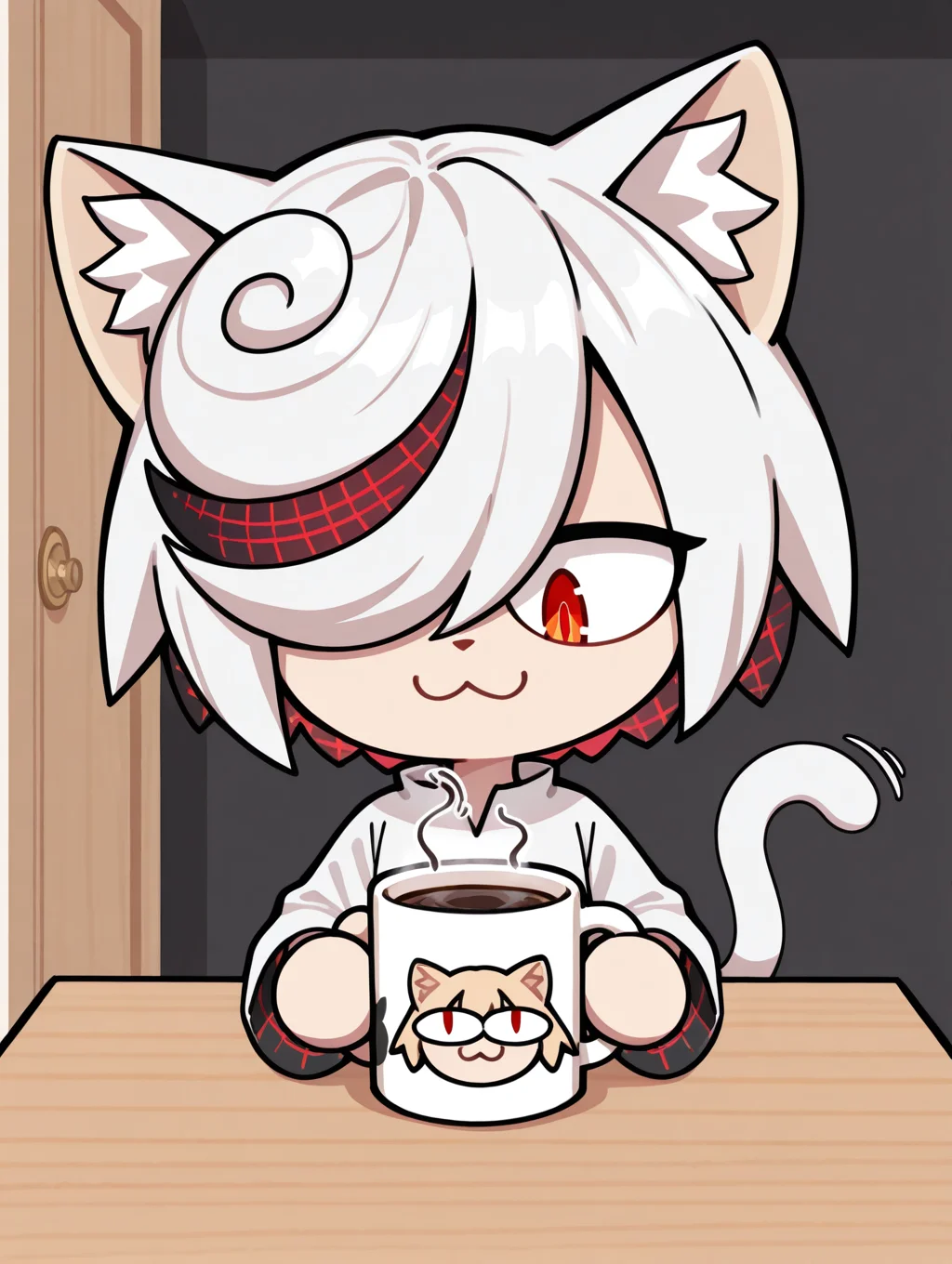 <lora:Sage_Sonic:1> sage, BREAK <lora:Neco_Arc_NS:0.9> neco arc, tail, cat ears, cat tail, cat girl,BREAK one eye covered, white hair, furry female, indoors, chibi, coffee mug, steam, :3, solo,, masterpiece, best quality, amazing quality, very aesthetic, absurdres, new, newest,