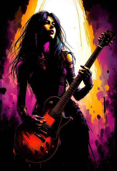 silhouette art, ck-rw, in the style of ck-rw,, Female japanese heavy metal guitarist playing guitar on stage, long flowing hair, earrings, dark eyeshadow red lips, flying V gibson guitar with black and orange flame livery, sexy aura, silhouetted light hitting one side of her, inksketch