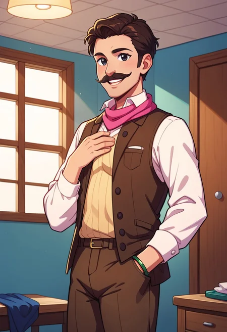 score_9, score_8_up, score_7_up, Casgas BREAK, 1boy, man, mature, solo, handsome, smile, teeth, black eyes, black short hair, thin mustache, pink handkerchief tied beautifully around the neck under a white shirt, knitted light yellow sweater with a small v-neck in front, green cuffs at the jacket, dark brown trousers, BREAK left hand raised, left hand on chest, right hand in pants pocket, standing, cowboy shot, BREAK looking at viewer, detailed background, costume room, dressing room, mess, rays of light from the lamp on the ceiling