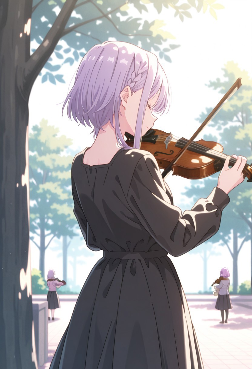 masterpiece, best quality, 32k, high resolution, absurdres, amasawa kyou, music, playing instrument, violin, holding violin, braid, from side, long sleeves, tree, from behind, holding stuffed toy