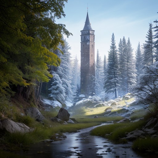 realistic analog photo, award winning photo, vary wide shot of stone witow tower:1.3, no humans, scenery, blue sky, Style-Winter, forest, dirt road, grassland, nature, outdoors, RAW, highres, 8k, uhd, High Dynamic Range, tonemapping, crisp details,