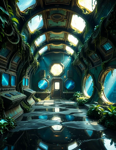 The interior of an ancient abandoned spaceship, overtaken by lush vegetation. The walls and ceiling are covered in thick, twisting vines and moss. Strange alien plants glow faintly in shades of blue and green, casting an eerie, mystical light across the metallic surfaces. Rusted control panels and shattered glass windows hint at a long-forgotten past. The floor is cracked and partially flooded with still, reflective water. Patches of bioluminescent fungi cling to the corners, adding a surreal atmosphere. The air feels heavy with moisture, and beams of soft, diffused light filter through holes in the hull, creating dramatic shafts of light and shadow. The overall style is hyper-realistic, rich in textures, with a cinematic and slightly melancholic mood.<lora:SDXLFaeTastic2400:0.4> <lora:extremely_detailed:0.4> extremely detailed,<lora:ancient_abandoned_sp4c3sh1p:1>,ancient abandoned sp4c3sh1p, Masterpiece,best quality,hi res,8k,hi res,8k,award winning,(sharp focus, intricate, highly detailed),