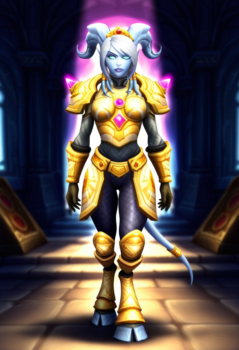 YrelHotS, 1girl, solo, draenei, colored skin, blue skin, horns, white hair, short hair, bangs, diadem, pointy ears, light blue colored sclera, glowing eyes, nose, lips, white and golden armor, large breast, shoulder armor, gloves, bracers, breastplate, pelvic curtain, hooves, tail, tail ornament, leg armor, hammer of the Naaru, holding hammer,
,seductive pose, sexy pose, tease, 
masterpiece, best quality, ultra-detailed, very aesthetic, detailed background, very aesthetic, newest, scenery, highres, 4k, absurdres, 8k, colorful,vibrant, glowing, perfect face, 2d, perfect eyes, detailed eyes, 
 masterpiece, best quality, ultra-detailed, very aesthetic, newest, scenery, absurdres, perfect anatomy, , perfect face, perfect eyes, mature body, clear eyes, beautiful eyes, athletic, curvy body, athletic girl, perky tits, perfect tits, round breasts, pinup pose, teasing, lustful expression,
muscular female, dutch angle, 
,detailed eyes, Smooth Negative, highres, absurdres, uncensored , vibrant saturated colors, volumetric lighting,wide depth of field, sharp, ray tracing, 
WarcraftStyle