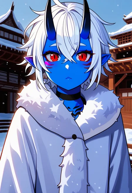 1girl, 25 years old, perfect face, cute, petite, red eyes, white hair, short hair, messy hair, crossed bangs, hair between eye, pointy ears, black choker, (blue skin:1.2), (oni:1.2), blue oni, facial tattoo, Winter Fur Coat, tattoos, Tribal architecture, animal skin tents, south pole, cowboy shot,