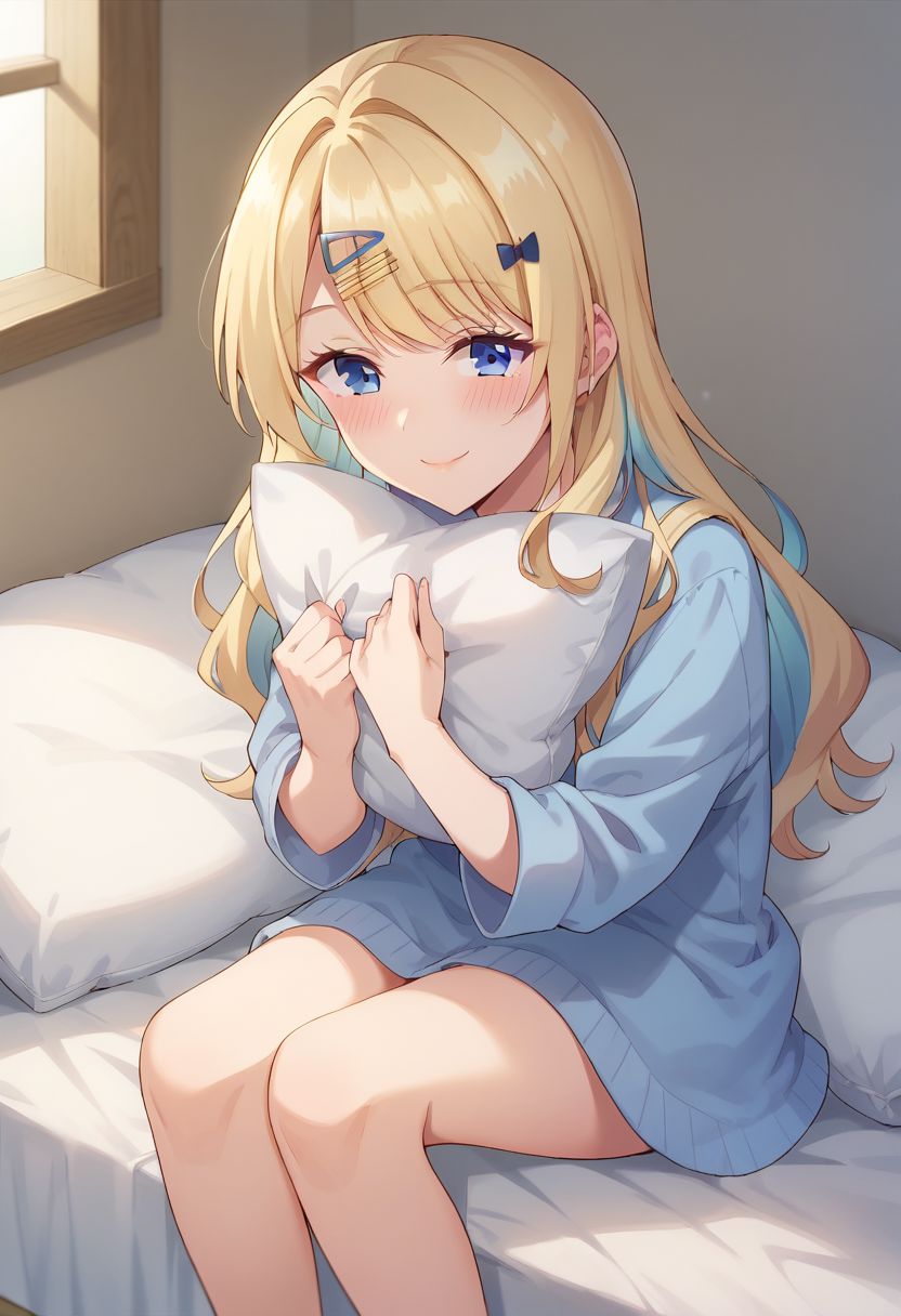 score_9, score_8_up, score_7_up,shirakawa runa, 1girl, blonde hair, solo, pillow, blue eyes, hair ornament, smile, hairclip, long hair, sitting, blush