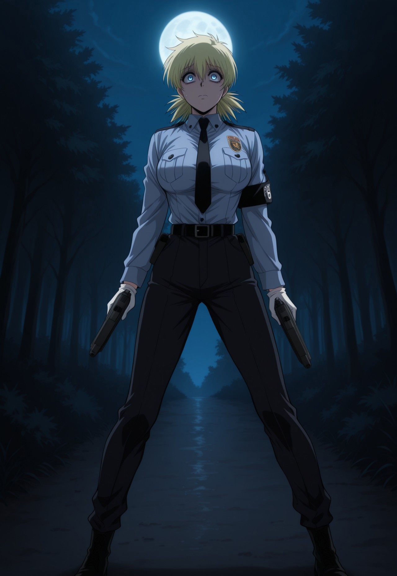safe_pos, score_9, score_8_up, score_7_up, masterpiece, best quality, very aesthetic, SerasVictoria, 1girl, solo, female focus, blonde hair, short hair, blue eyes, large breasts, PoliceSeras, alternate outfit, police uniform, blue shirt, black armband, black necktie, white gloves, black belt, black pants, black boots, holding gun, trigger discipline, forest, night, dark, fullmoon, scared 
