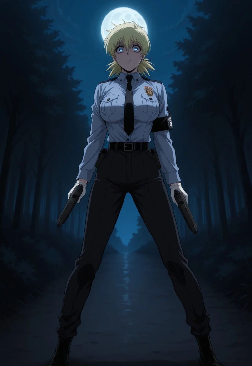 safe_pos, score_9, score_8_up, score_7_up, masterpiece, best quality, very aesthetic, SerasVictoria, 1girl, solo, female focus, blonde hair, short hair, blue eyes, large breasts, PoliceSeras, alternate outfit, police uniform, blue shirt, black armband, black necktie, white gloves, black belt, black pants, black boots, holding gun, trigger discipline, forest, night, dark, fullmoon, scared