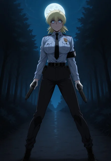 safe_pos, score_9, score_8_up, score_7_up, masterpiece, best quality, very aesthetic, SerasVictoria, 1girl, solo, female focus, blonde hair, short hair, blue eyes, large breasts, PoliceSeras, alternate outfit, police uniform, blue shirt, black armband, black necktie, white gloves, black belt, black pants, black boots, holding gun, trigger discipline, forest, night, dark, fullmoon, scared