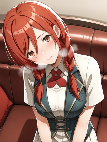 masterpiece,best quality,newest,
1girl,solo,
<lora:t_hibari_b_ilxl_v1.1:1>,t_h_b,red hair,twin braids,brown eyes,
h_clothes,red ascot,white gloves,black vest,white skirt,
<lora:Fixhands_anime_bdsqlsz_V1:1>,cinematic_angle,looking_at_viewer,dynamic_angle,from_above,looking_up,upper_body,exhausted,heavy_breathing,light_blush,head_tilt,pov,happy,kind_smile,cushion,couch,