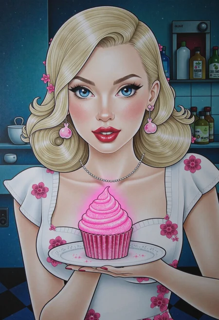 surreal colorful digital illustration of a stylized blonde pin-up model with vibrant red-pink lipstick and big eyes, presenting a glowing neon pink cupcake on a platter. The cupcake is sparkling with glitter and shimmering particles. 50s vintage diner kitchen background. Her piercing blue eyes are demanding the viewer to try the suspiciously luminescent cake, or else... <lora:flux_hud_SugarSpritz_Pinup_Style>