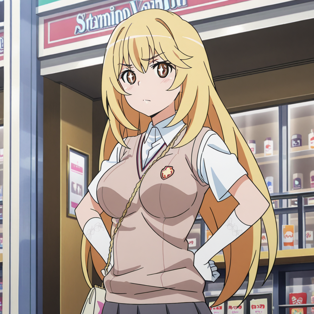 nsfw, masterpiece, best quality, amazing quality,1girl, solo, index_railgun_shokuhou_misaki, symbol-shaped pupils, + +, tokiwadai school uniform, blonde hair, sweater vest, long hair, brown sweater vest, white gloves, hands on hips, brown eyes, large breasts, elbow gloves, short sleeves, white shirt, v-neck, closed mouth, handbag, bangs, looking at viewer, indoor, shop, <lora:Shokuhou_Misaki_-_Index_Railgun:0.7>
