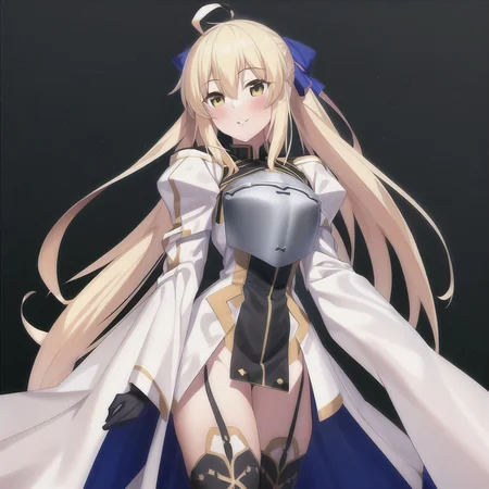 <lora:castoria:0.75>, 1girl, parted lips, highly detailed, intricate, white background, masterpiece, best quality, wallpaper, hdr, high definition, ahoge, blonde_hair, long_hair, smile, standing, yellow_eyes, solo focus, blue_ribbon, breastplate, ribbon, thighhighs, castoria