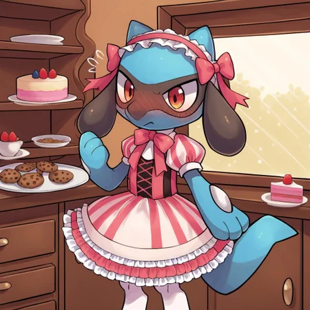 score_9,score_8_up,score_7_up, solo, 1boy, male, riolu,
embarrassed, angry expression, nervous, clothed, wearing (sweetlolita wearing pink ribbon, soft pink frilled dress, lace petticoat with scalloped hem, cameo hair clip, white stockings, pink maryjane
bak3ry, indoors, sweets, cake, window, pasteries, cookies, shelves,
carrying tray of cookies,