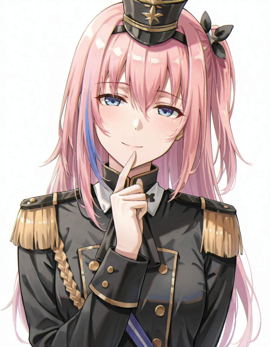 Volumetric Lighting, (masterpiece), (best quality), (ultra-detailed), masterpiece, source_anime, score_9, score_8_up, score_7_up BREAK, illustration, disheveled hair, detailed eyes, perfect composition, moist skin, intricate details, detailed eyes, detailed face, detailed fingers BREAK, blue eyes, pink hair, one side up,streaked hair,long hair BREAK, BreezeOnASpringDay, BOSD_hairband, BOSD_hair_bow, BOSD_shako_cap, BOSD_epaulettes, BOSD_uniform, BOSD_dress BREAK, ((white background)), looking at viewer, smile