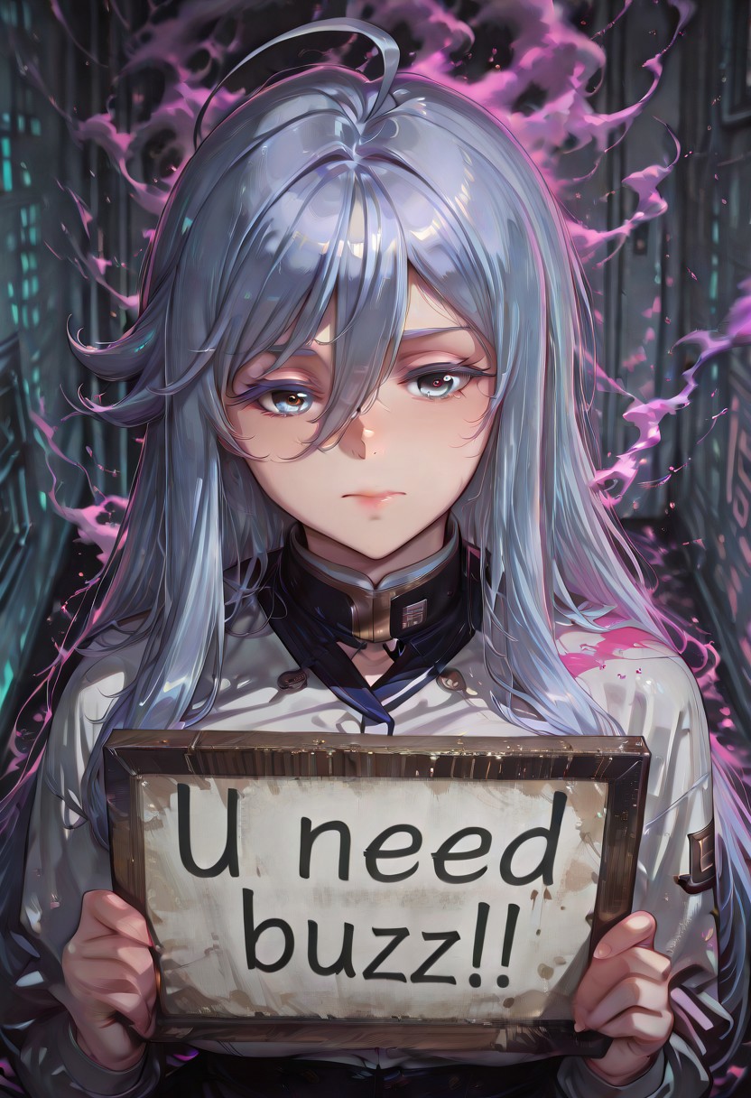 artist:moriimee,,colorful smoke, masterpiece, best quality, 1girl,solo ,closed mouth,need_buzz, holding sign,vladilenamilize, very long hair, grey eyes, hair between eyes, bangs, grey hair, ahoge, white eyelashes,colored eyelashes, large breasts,