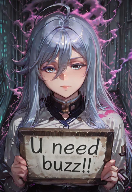 artist:moriimee,,colorful smoke, masterpiece, best quality, 1girl,solo ,closed mouth,need_buzz, holding sign,vladilenamilize, very long hair, grey eyes, hair between eyes, bangs, grey hair, ahoge, white eyelashes,colored eyelashes, large breasts,