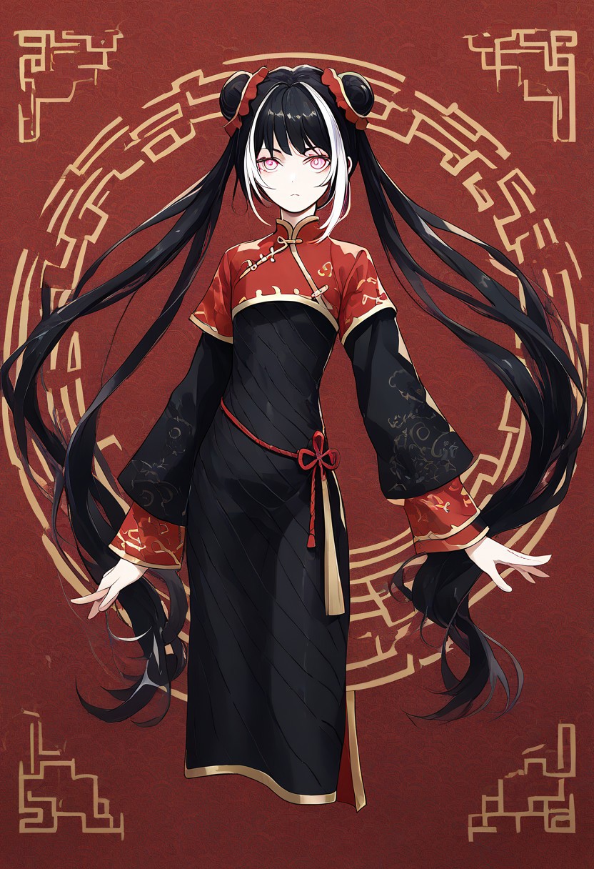 score_9, score_8_up, score_7_up, score_6_up, score_5_up, score_4_up, source_anime, solo, 1girl, 
JiaXichunLimbus, long hair, twintails, multicolored hair, black hair, white hair, double bun, pink eyes, chinese clothes, black clothes, black footwear, china dress, 
masterpiece, best quality, very aesthetic, absurdres,