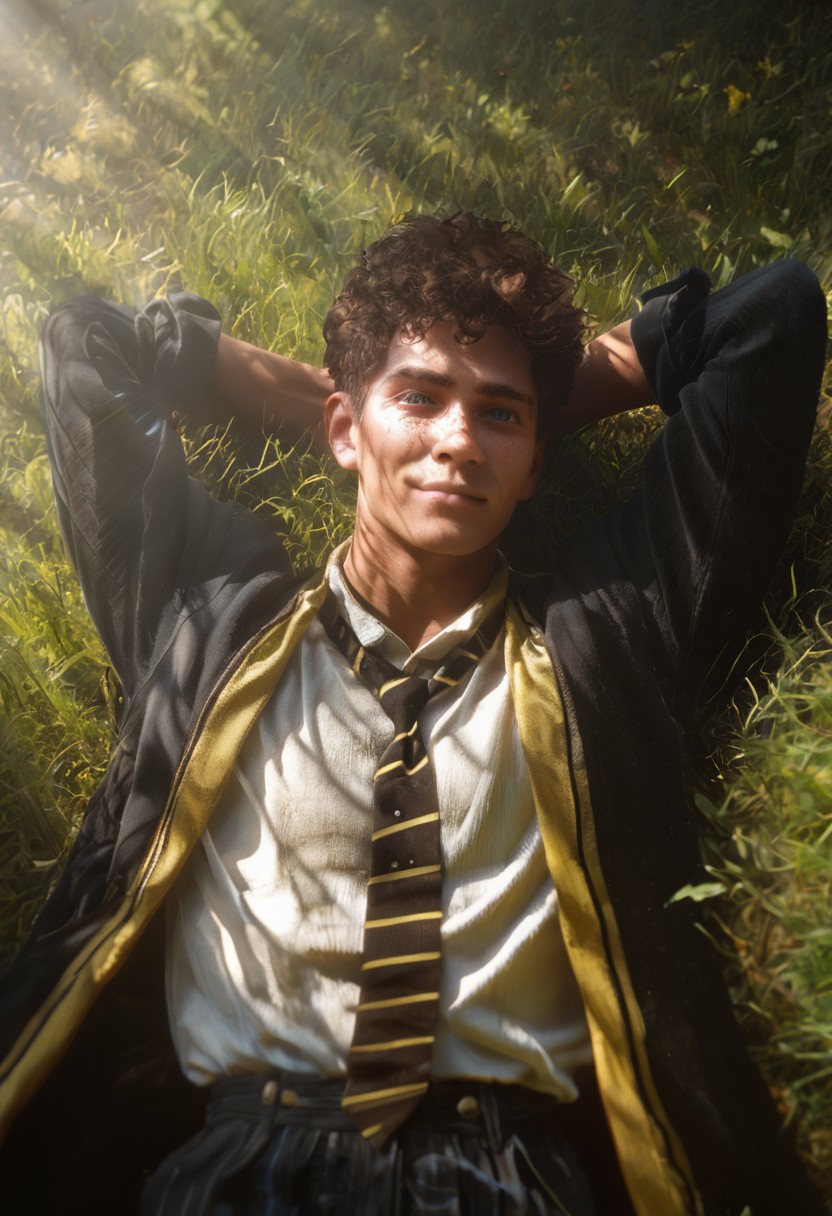 score_9, score_8_up, score_7_up, BREAK, 1boy, male focus, solo, skinny body type, twink, male focus, solo, face focus, good looking face, detailed face, detailed eyes, good looking eyes, perfect face, perfect eyes, 18 yr, soft face, blank expression, perfecteyes, light dark skin, a scar on his right eyebrow, freckles, dark brown curly hair, gaps on left, soft purple colored eyes, good lightning, great lightning, white shirt with a hufflepuff tie, looking at viewer, tie undone, dark fantasy, open shirt, nipple slip, hufflepuff robes, open robes, ((outdoors, laying on grass, laying back)), lens flare, grass, top view, young, charming, rim lighting, depth of field, collarbones, one eyebrow raised, smirk, one arm behind head, resting his head on his arm, dappled sunlight,