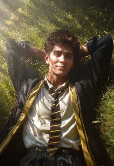 score_9, score_8_up, score_7_up, BREAK, 1boy, male focus, solo, skinny body type, twink, male focus, solo, face focus, good looking face, detailed face, detailed eyes, good looking eyes, perfect face, perfect eyes, 18 yr, soft face, blank expression, perfecteyes, light dark skin, a scar on his right eyebrow, freckles, dark brown curly hair, gaps on left, soft purple colored eyes, good lightning, great lightning, white shirt with a hufflepuff tie, looking at viewer, tie undone, dark fantasy, open shirt, nipple slip, hufflepuff robes, open robes, ((outdoors, laying on grass, laying back)), lens flare, grass, top view, young, charming, rim lighting, depth of field, collarbones, one eyebrow raised, smirk, one arm behind head, resting his head on his arm, dappled sunlight,