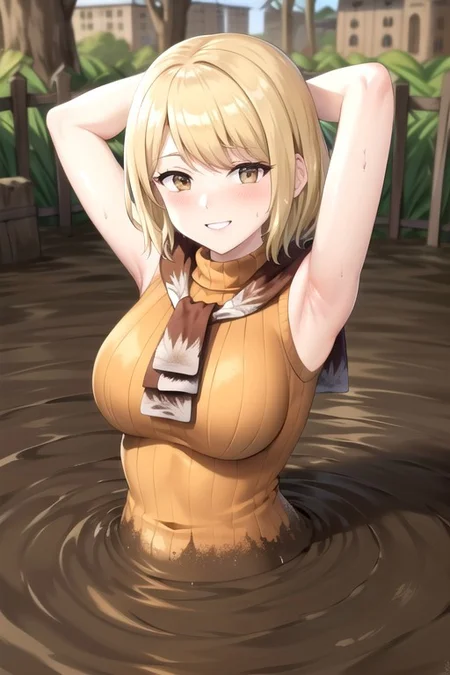 ashley graham, brown eyes, bangs, red scarf, (orange sweater:1.2), sleeveless turtleneck, , partially submerged, in mud, flooding up to the chest, upper body, (village:1.5), (mud:1.5), (pov:1.5), (raised eyebrows:1.2), :o, blush, (sinking:1.1), (seductive smile:1.5), , (arms behind head:1.5),
