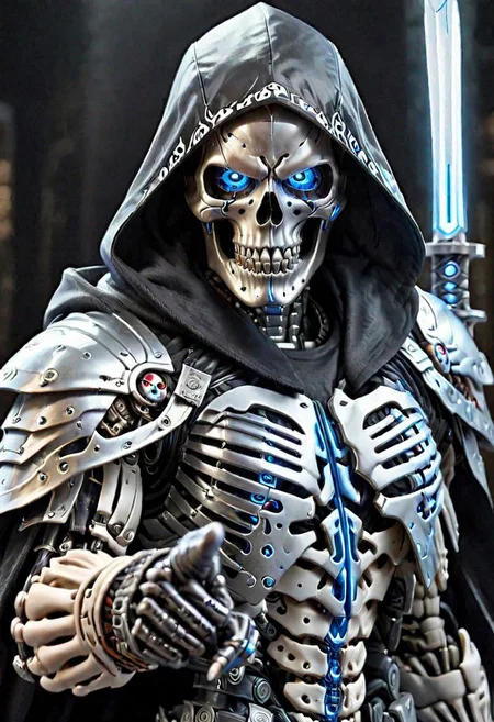 close up, Cyborg Assasin, black Hooded cape, (metalic hand), (Pointing Finger At Viewer)