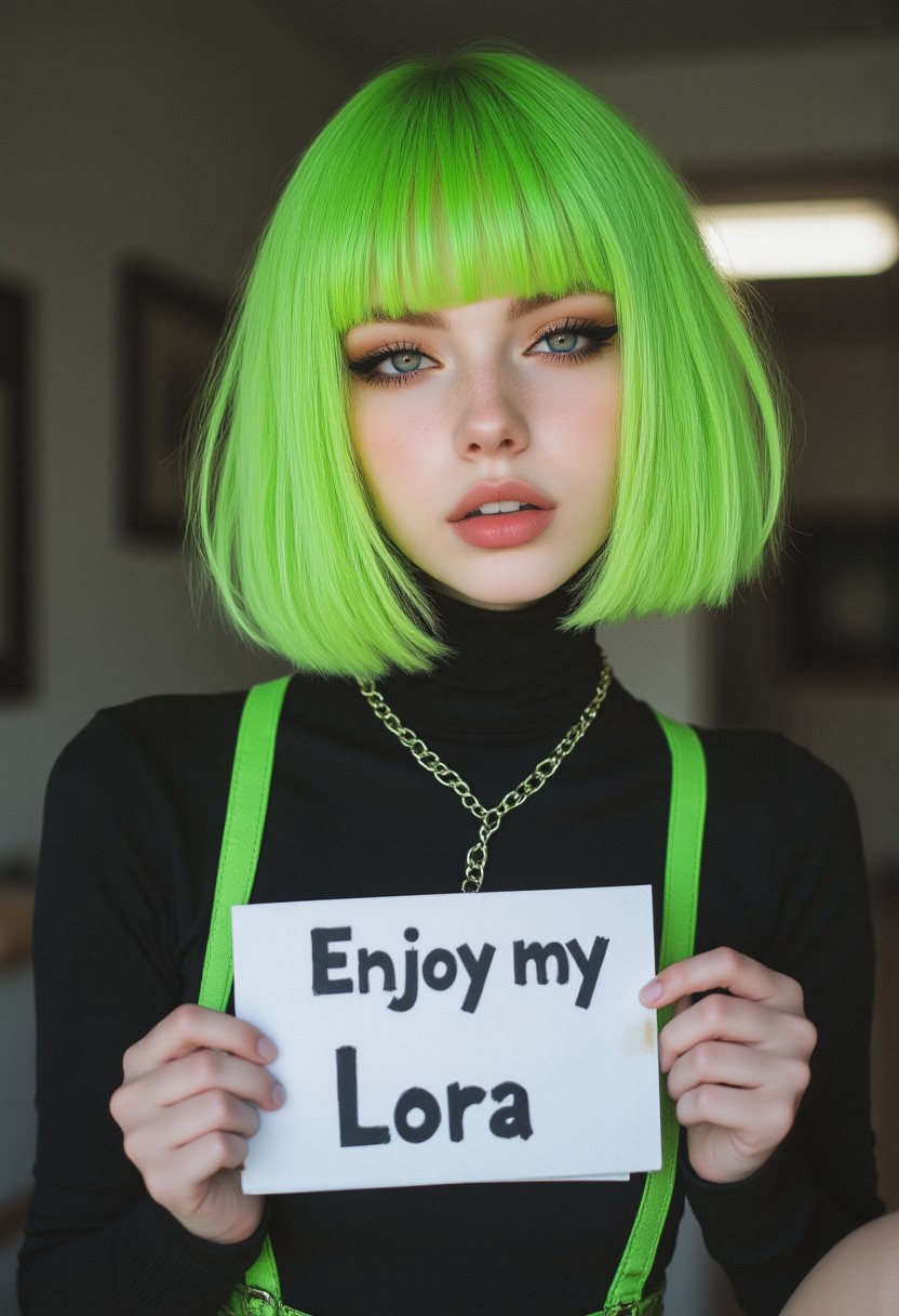 FictionalApple, goth girl with a lime green bobcut with blunt bangs. Holding a sign saying "Enjoy my Lora"
