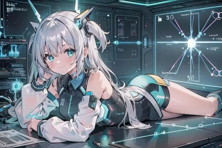 (masterpiece), (science fiction:1.4), 1girl, lying on a mirror, smile, silver hair, aqua eyes, headgear, long sleeves, detached sleeves, glowing energy clothing