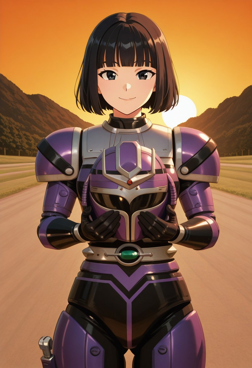 anime screencap, anime coloring,
solo, 1girl, cowboy shot , perfect face, detailed faced, 
black hair, short hair, blunt bangs, black eyes looking at viewer, medium breasts, smile,  (covered neck), BREAK
Tent0u, r4n, extend hands, holding helmet , gloves, bodysuit, helmet removed, armor, shoulder pad, belt,
outdoors, road, sunset, dramatic lighting
<lora:DetailedPerfect_hands_r1:1>    <lora:coveredneck_v1-000006:0.8>
