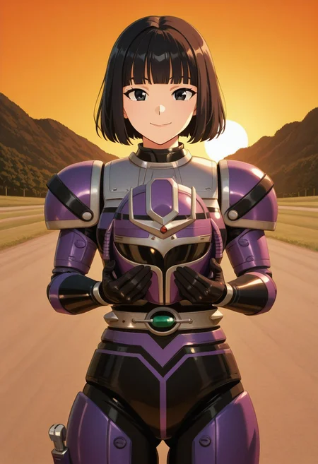 anime screencap, anime coloring,
solo, 1girl, cowboy shot , perfect face, detailed faced,
black hair, short hair, blunt bangs, black eyes looking at viewer, medium breasts, smile, (covered neck), BREAK
Tent0u, r4n, extend hands, holding helmet , gloves, bodysuit, helmet removed, armor, shoulder pad, belt,
outdoors, road, sunset, dramatic lighting
<lora:DetailedPerfect_hands_r1:1> <lora:coveredneck_v1-000006:0.8>