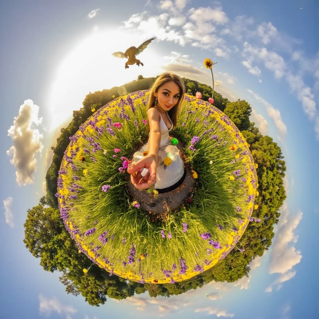 tinyplannet. This is a high-resolution photograph captured from a 360-degree perspective, showing a seductive elven woman standing on a pedestal in the middle of a vibrant flower field. The scene is taken from a unique mini planet view, creating a spherical effect that frames the elven figure elegantly. She has long, flowing hair and pointed ears, dressed in a flowing, ethereal gown that blends seamlessly with the natural surroundings. The field around her is filled with colorful wildflowers, including purple lavender, yellow daisies, and pink roses, swaying gently in the breeze. She holds a magical glowing device, capturing the moment in a playful selfie, her eyes glinting with mischief. The sky above is clear with soft, wispy clouds, and the sun casts a warm, golden glow over the entire scene, highlighting her beauty and the enchanting landscape.  
tiny planet, elven woman, pedestal, selfie, 360-degree view, flower field, wildflowers, ethereal gown, golden sunlight, magic, playful, seductive, high resolution, natural beauty, fantasy.