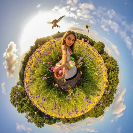 tinyplannet. This is a high-resolution photograph captured from a 360-degree perspective, showing a seductive elven woman standing on a pedestal in the middle of a vibrant flower field. The scene is taken from a unique mini planet view, creating a spherical effect that frames the elven figure elegantly. She has long, flowing hair and pointed ears, dressed in a flowing, ethereal gown that blends seamlessly with the natural surroundings. The field around her is filled with colorful wildflowers, including purple lavender, yellow daisies, and pink roses, swaying gently in the breeze. She holds a magical glowing device, capturing the moment in a playful selfie, her eyes glinting with mischief. The sky above is clear with soft, wispy clouds, and the sun casts a warm, golden glow over the entire scene, highlighting her beauty and the enchanting landscape.
tiny planet, elven woman, pedestal, selfie, 360-degree view, flower field, wildflowers, ethereal gown, golden sunlight, magic, playful, seductive, high resolution, natural beauty, fantasy.