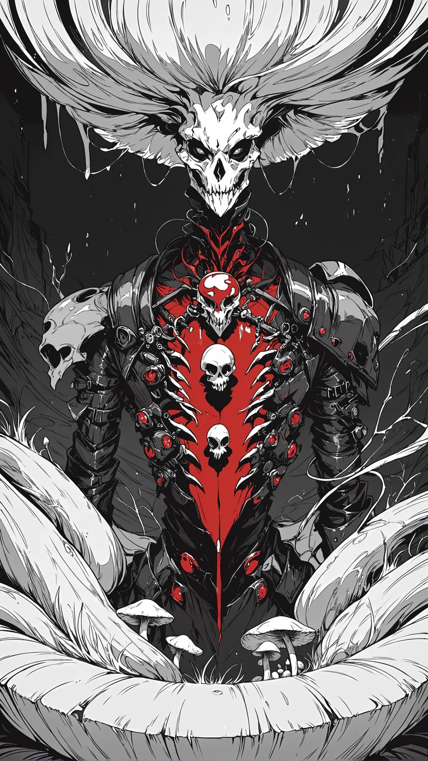 score_9,score_8_up,score_7_up,xenotr1p,<lora:Xenotrip:1>,man,mushroom king,mushroom,half skull mask,red gas,concept art,character,