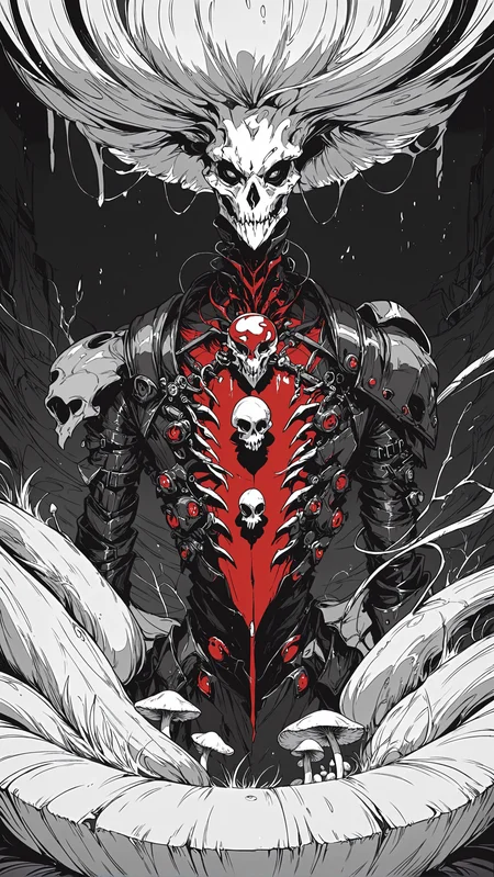 score_9,score_8_up,score_7_up,xenotr1p,<lora:Xenotrip:1>,man,mushroom king,mushroom,half skull mask,red gas,concept art,character,