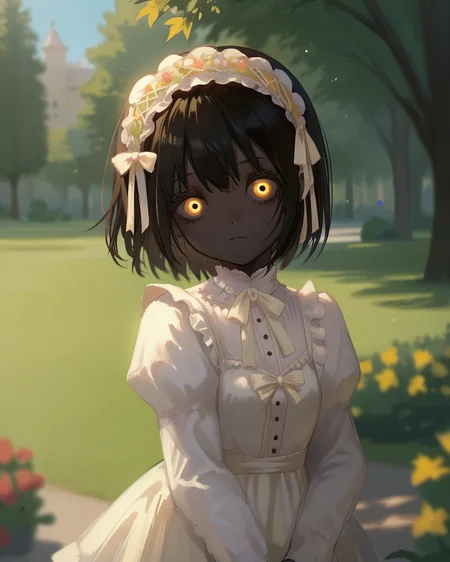 score_9, score_8_up, score_7_up, park, 1girl, dress, eveyuno, upper body, blurred background, yellow eyes, black skin, <lora:eveyuno:0.8>