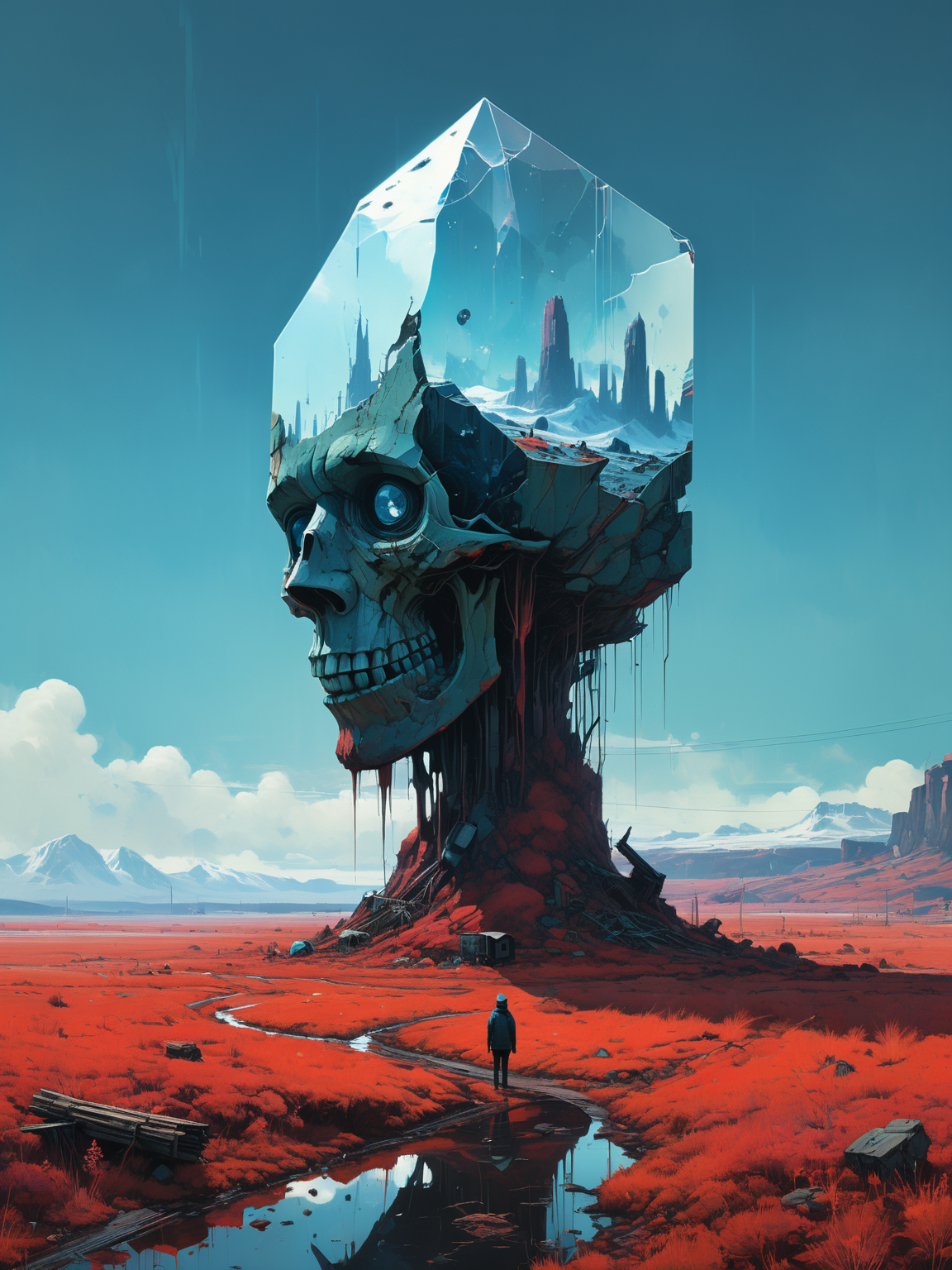 Imagine a (crystal sculpture:1.2) installation by Ismail Inceoglu where the sculptures depict figures with half their heads missing and (empty eye sockets). The sculptures should have a (translucent:1.4) quality, with light playing through the cracks and (glitch) patterns in the crystal. The background, inspired by Simon Stlenhag:1.1, should feature a (dystopian) landscape with a (complex background by Ryan Church:1.3) that adds depth. Utilize (ultra wide field) and (ultra detailed CG perspective) to bring out the intricate details.
<lora:xl_more_art-full_v1:1>