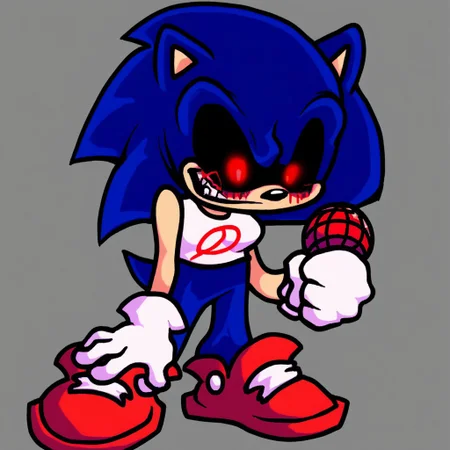 1girl, solo, score_9, score_8_up, score_7_up, score_6_up, volumetric lighting, NEGATIVE_HANDS, fnf, Luis_EXE, gloves, 1boy, animal ears, blue hair, shoes, socks, white gloves, white socks, spiked hair, red footwear, furry, furry male, body fur, white fur, animal nose, two-tone fur, blue fur, sonic the hedgehog, dark, menacing appearance, gleowing red eyes exaggerated, creepy elements features, ((hold microphone)), grey background, ((full body)), white long socks, white shoes, ((solo)), white crop top