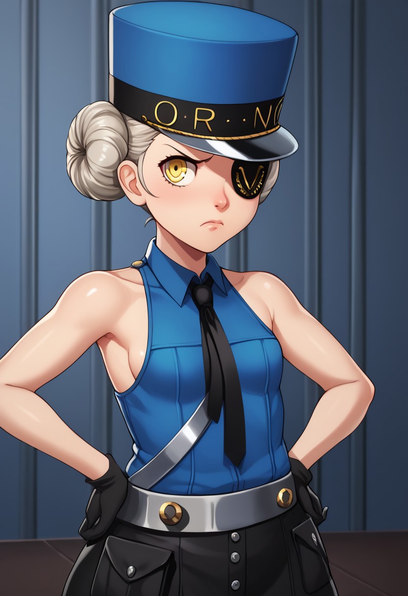 score_9, score_8_up, score_7_up, , shiny skin:0.1, source_anime, , deep skin,, high quality, highres, , 1girl, (curvy), ((wide hips)),, thick thighs, cute, , sexy, small breasts, CarolineP5, caroline (persona 5), yellow eyes, gloves, hat, hair bun, short hair, eyepatch, black gloves, necktie, sleeveless, sideboob, blue headwear, shirt, blue shirt, wing collar, grey hair, black skirT, short skirt, indoors, hands on hips, angry, frown, blue walls, blue room