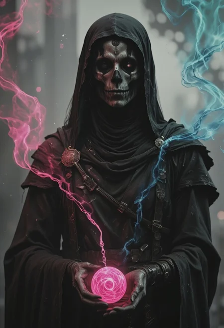 greyscale. monochrome vintage Photograph, S1n0z1ck style, bold lines. The image is a dark, moody photo with a surreal, monochrome with color, almost gothic aesthetic. Flat color, planethead, planet-head. Face Zoom, Extreme Closeup Portrait of a skeletal Bedouin sorceress in a tattered, armor-like robe that flows around her, embodying a mystical yet worn aesthetic. Her face resembles a translucent, deep black-amber sphere, partially obscured by a deep black hood that casts shadows over her features. Soft, ethereal steam gently rises from the sphere, enhancing its otherworldly presence. Her powerful stance is accentuated as she conjures two soul-devouring ethereal orbs in each hand, the orbs swirling with spectral energy and glowing in pale pink and blue hues. These orbs hum with energy, gathering the swirling souls of the battlefield as they pulse and shift with hypnotic movement. The sorceress stands amidst chaos, with debris and glowing spectral forms flying in every direction. Her robe flutters dramatically, contrasting against the deep blacks and muted greys of the battlefield. Focus on the pale colorful negative black neon glow of the orbs, their light refracted in ethereal patterns, with soundwave-like distortions rippling through the energy as it bends the chaotic light surrounding her. Skelenecro. The scene is bathed in dim, atmospheric light, with washed-out neon hues of pink, green, and blue creating a surreal and moody aesthetic.
